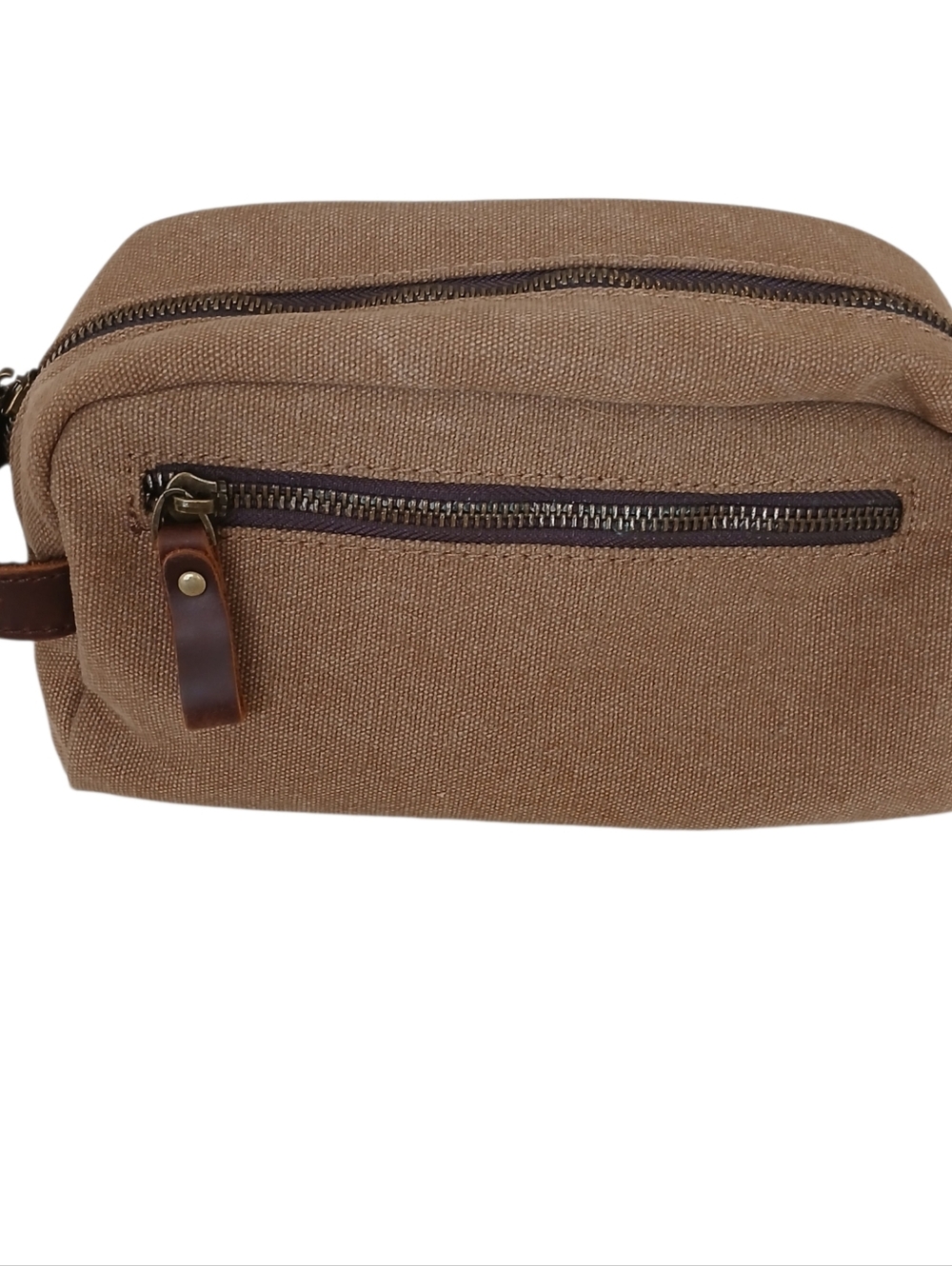 Newhey Men's Canvas Leather Toiletry Bag Top Zip Tan Brown Travel Essental